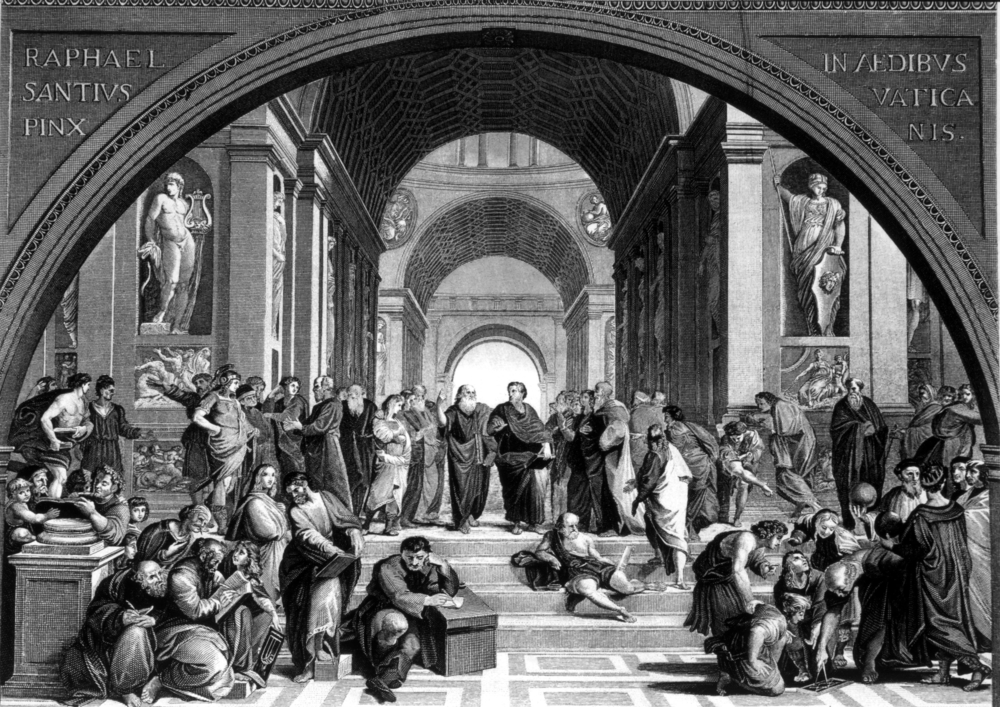 Socrates (center, left), at the school of Athens, 400 BC, Engraving after painting by Raphael,